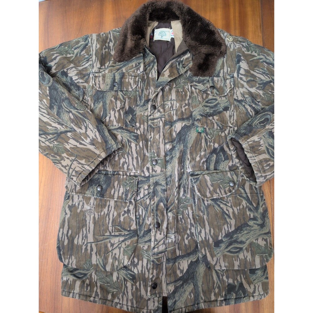 Vintage 80s Mossy Oak Treestand Hunting M Jacket Coat Made USA Quilt Fur Collar